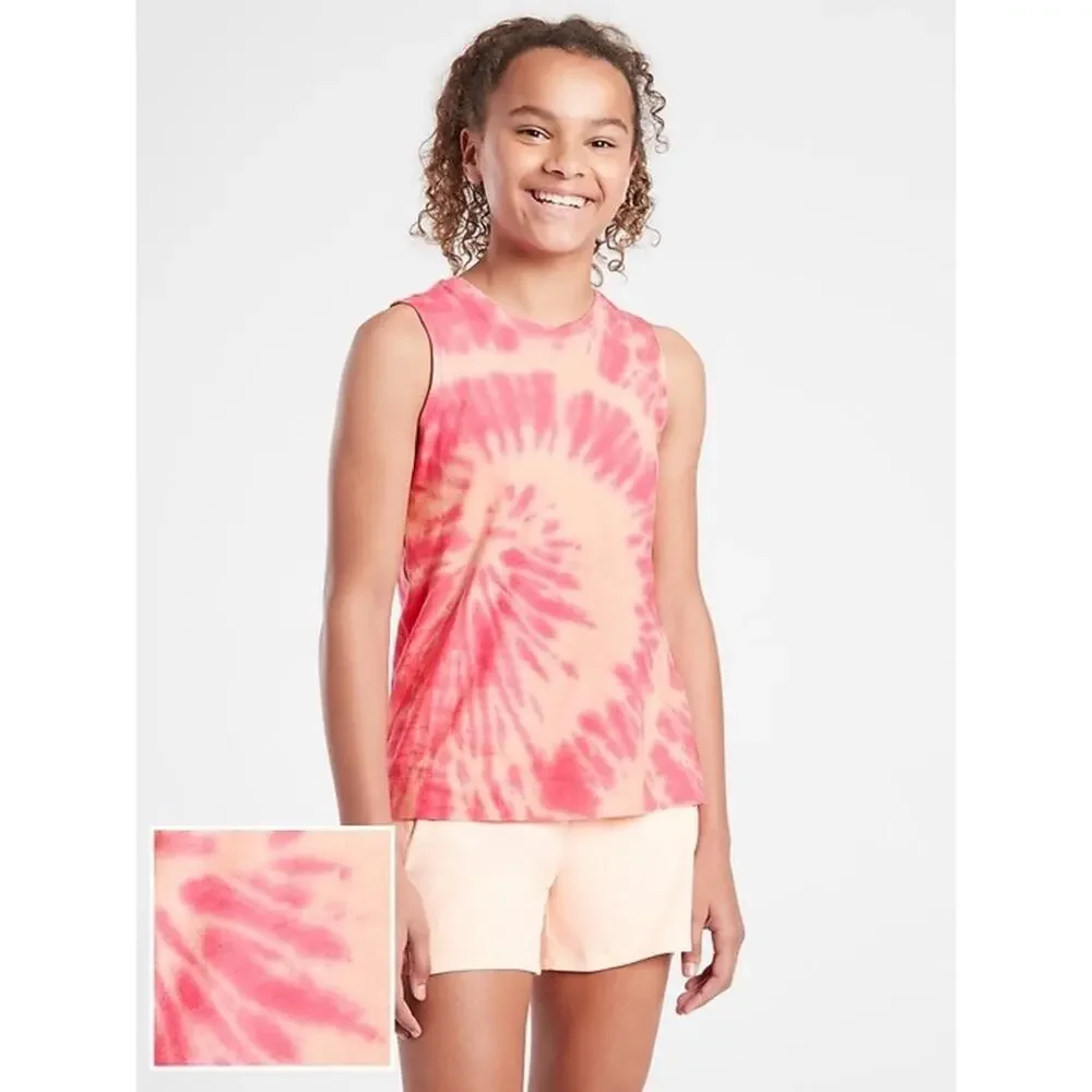 Athleta Girl Tie Dye Explore Tank Top Aqua Blue White Cotton 980501